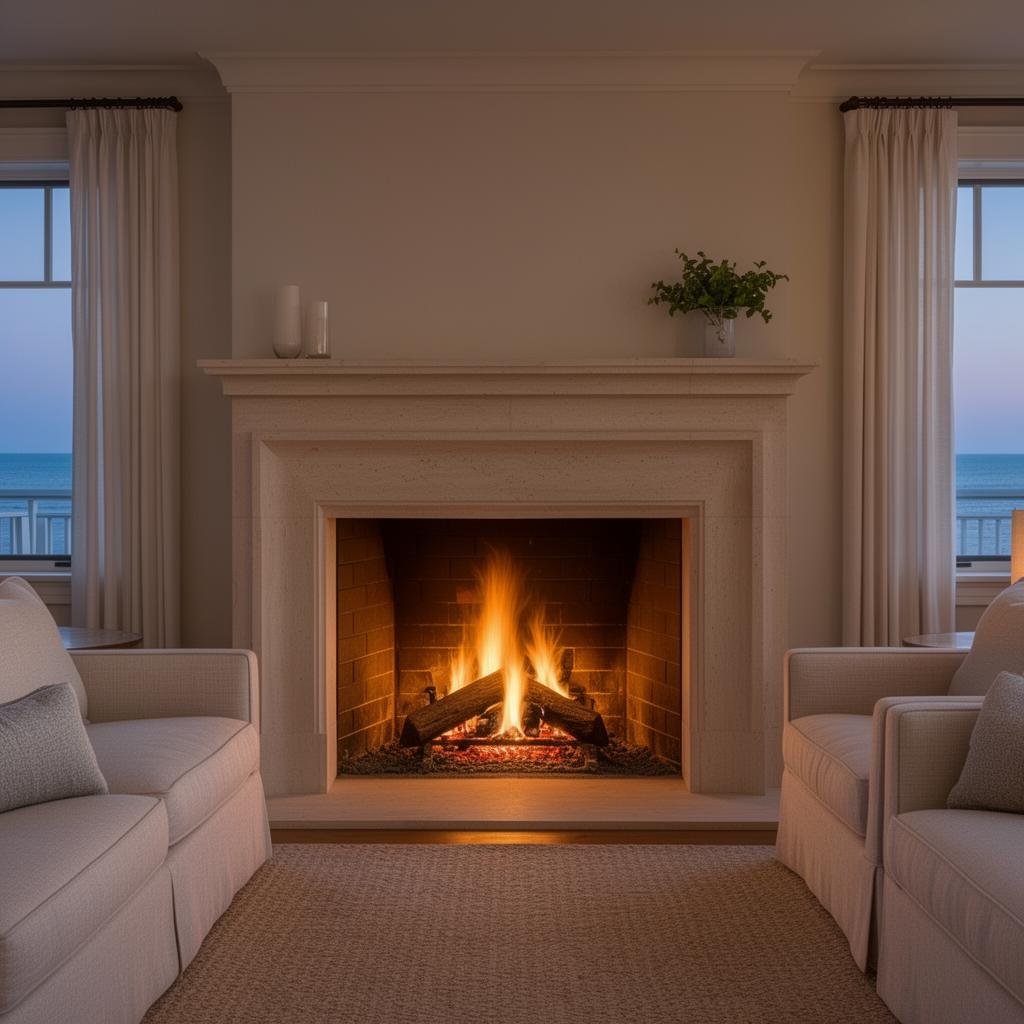 Lit fireplace in a coastal Hamptons interior